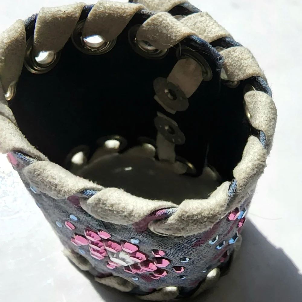 OOAK Textile blue, hot pink rhinestone and suede band snap button bracelet,